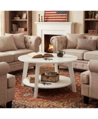 Round Coffee Table with Storage, 2-Tier Modern Circle Accent Table, 31.5" x 17.7" Wooden Coffee Table with Curved Legs