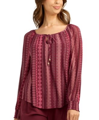 Juniors' Printed Mesh Smocked-Sleeve Peasant Top