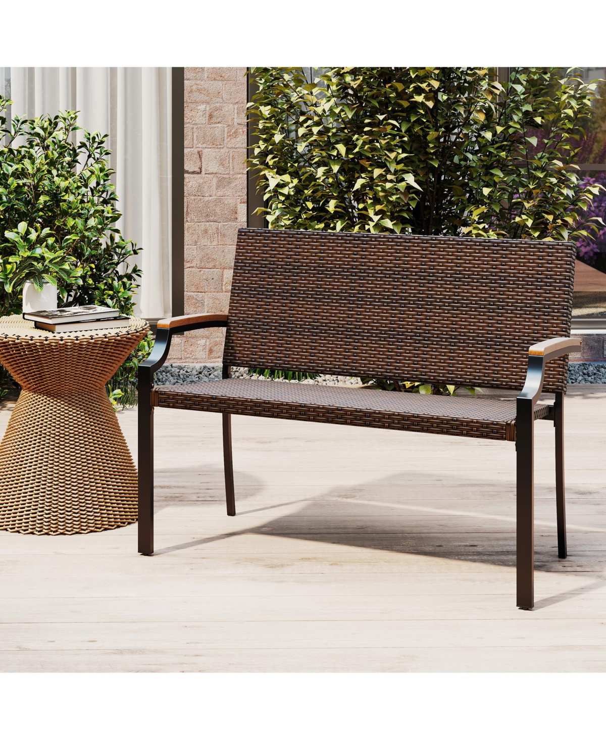 Slickblue Outdoor Two-Seater Loveseat Chair with Metal Frame and Wood Armrest Design