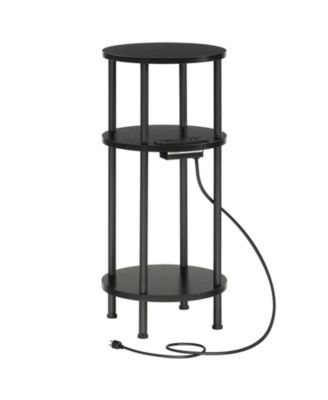 Small Round End Table with 3-Tier Storage and Charging Station and USB Ports