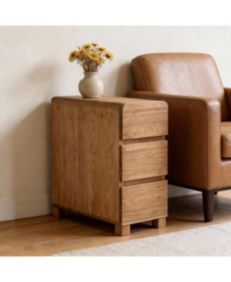 3 Drawers Solid Wood Side End Table for Living Room, Rustic Farmhouse Narrow Sofa Tables with Storage for Small Space
