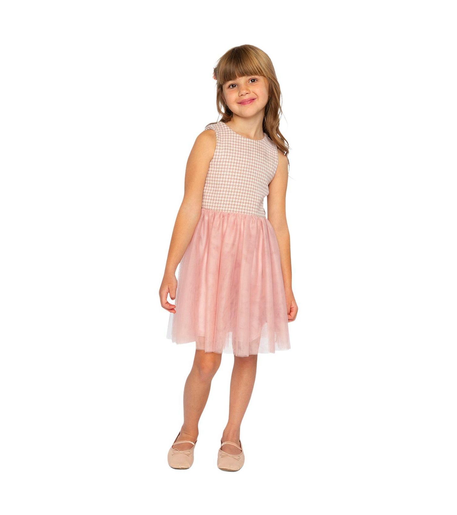 Little and Big Girl 6-14 Bi-Material Sleeveless Dress Houndstooth