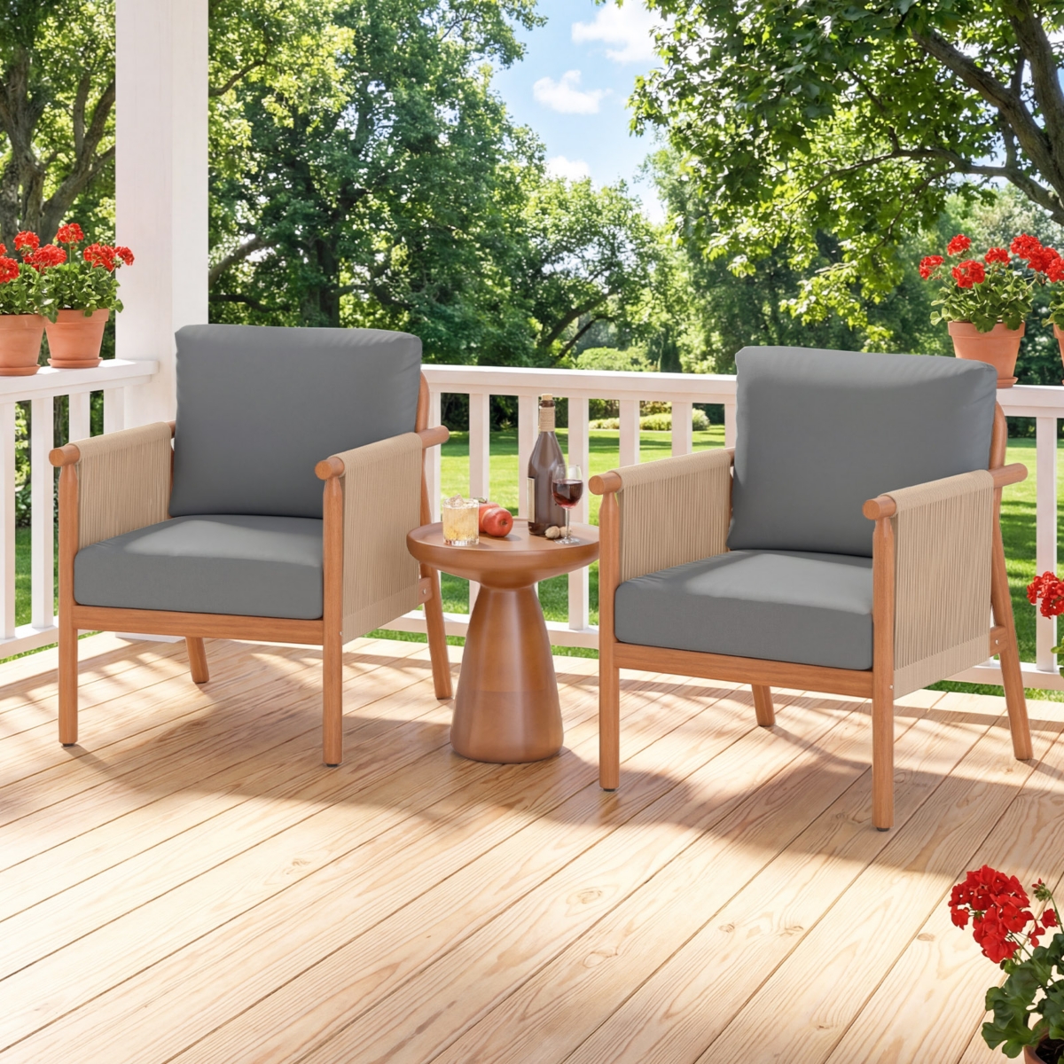 Costway Patio Acacia Wood Chair with Woven Rope Armrests and Seat Back Cushions for Backyard
