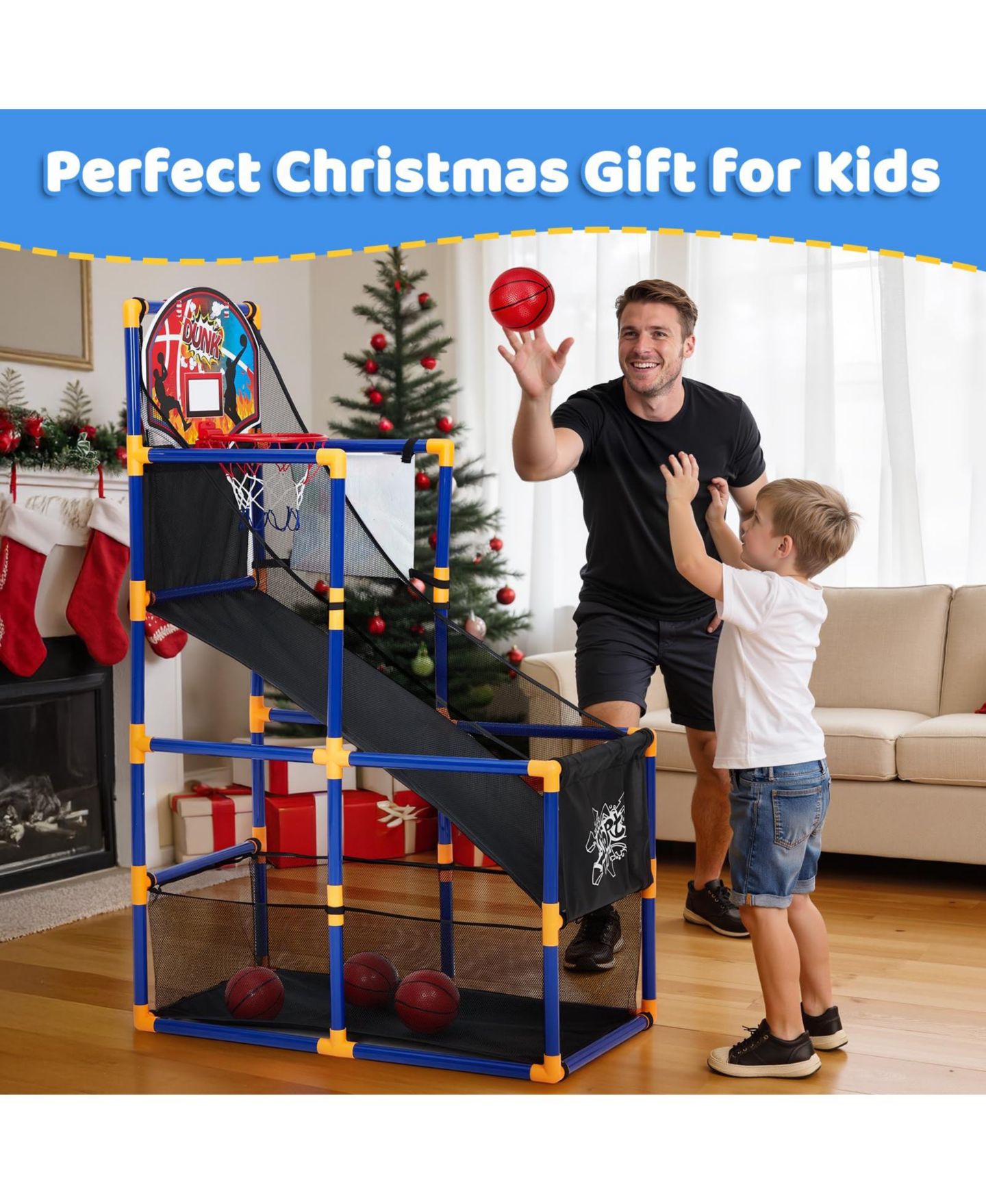 Детские игрушки homfan Kids Indoor Outdoor Portable Basketball Hoop Set with 10 Basketballs, Sticky Net and Air Pump, Ages 3+, цвет: Жёлтый — фото 3