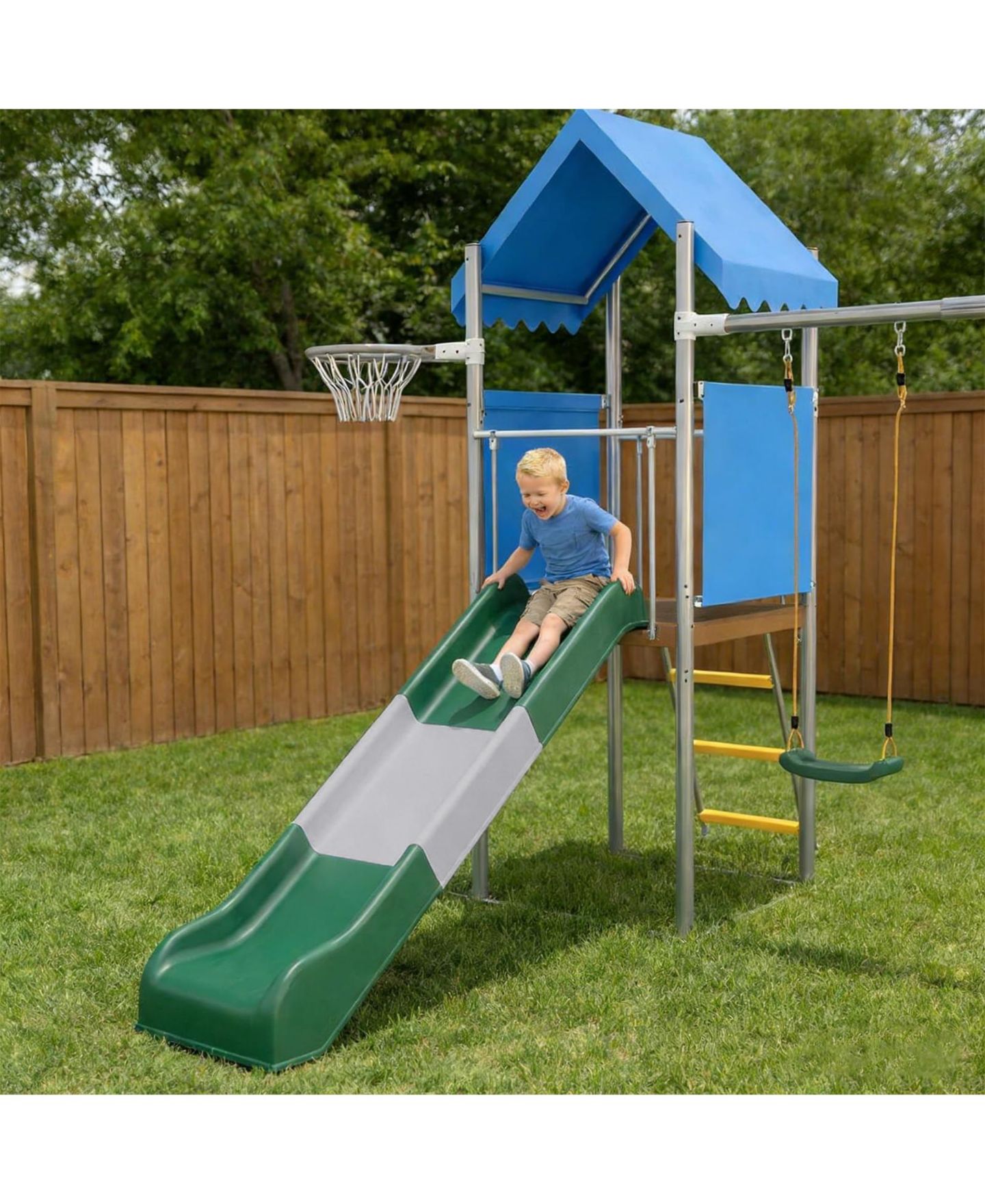 Детский игровой набор homfan 112 x 110 x 97 Inch Galvanized Steel and PE Outdoor Kids Treehouse Swing and Slides Playset with 2 Straight Swings, цвет: Синий — фото 6