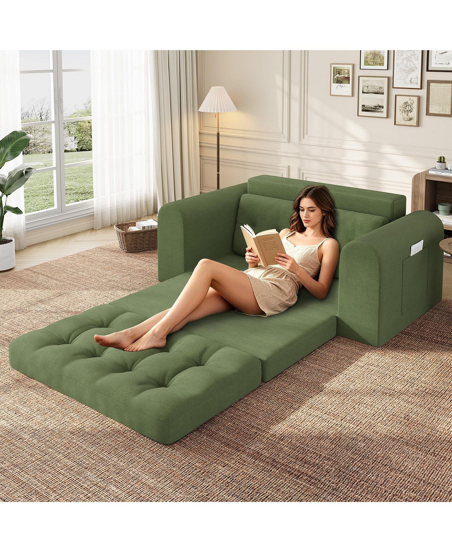 Gaomon 59 Inch Round Armrests-Convertible Corduroy Folding Sofa Bed