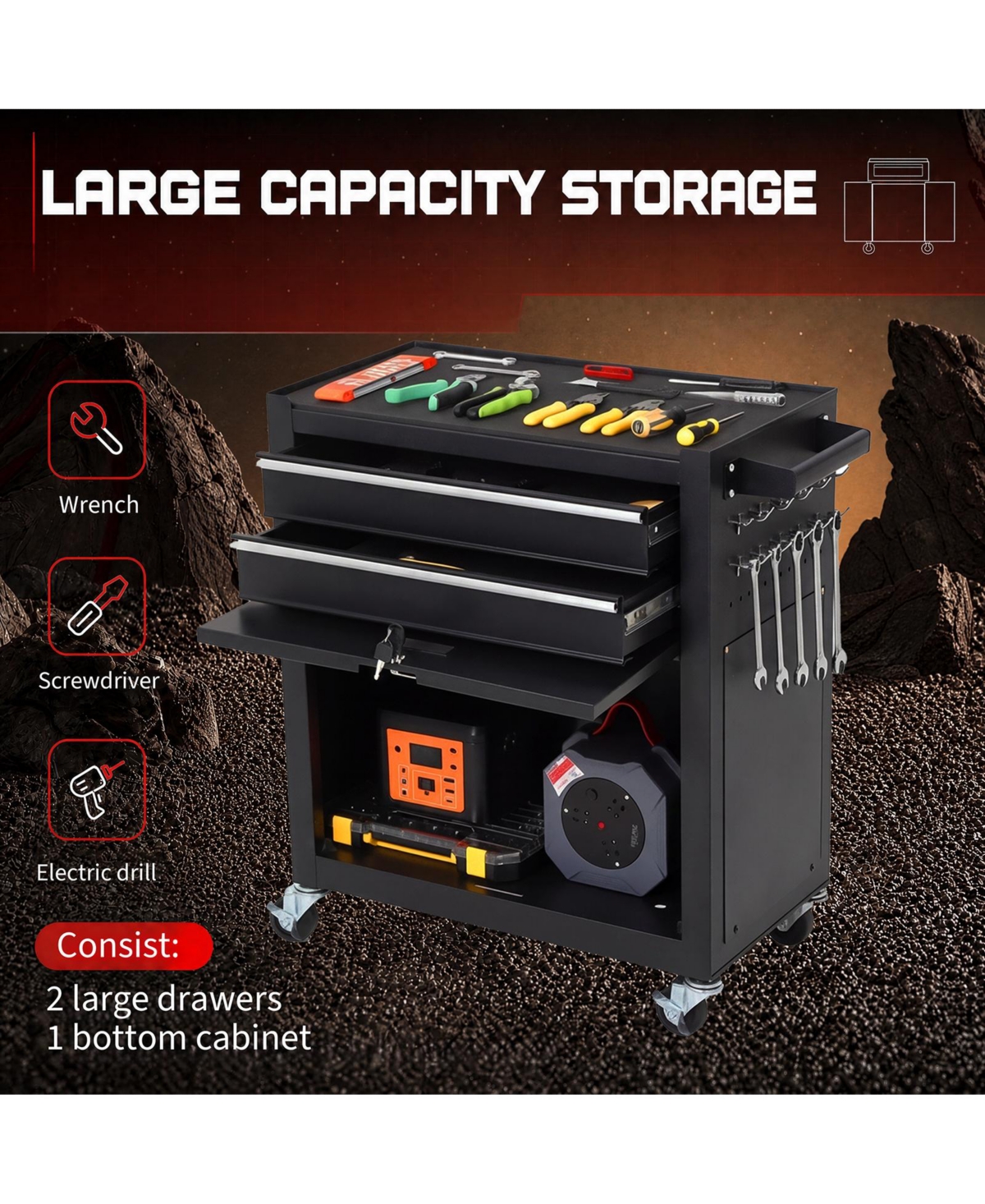 2-in-1 Tool Storage Cabinet: A lockable, -drawer metal tool cart on casters. Features a removable top toolbox, protective lining