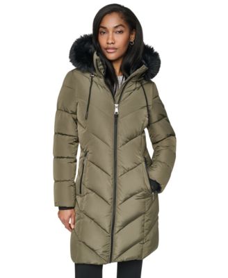 Women's Walker Length Puffer with Faux Fur Trimmed Hood Coat