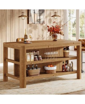 Solid Wood Bar Table, 63-Inch Counter Height Pub Table with Storage Shelves, Rectangular High Home Bar Furniture