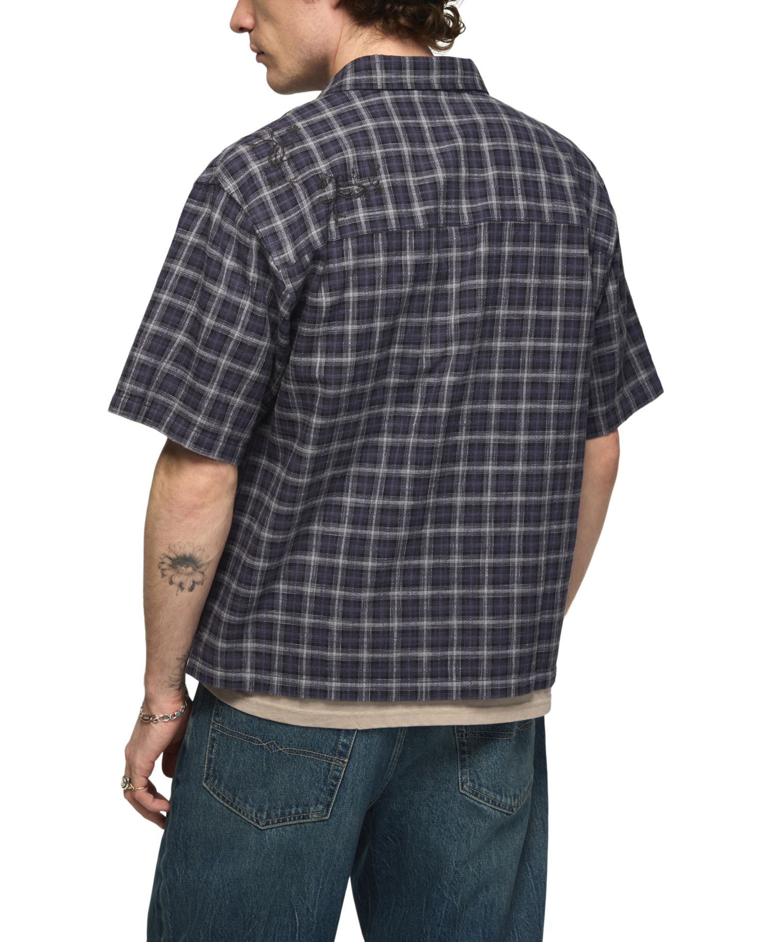 Men's Embroidered Plaid Spread Collar Shirt