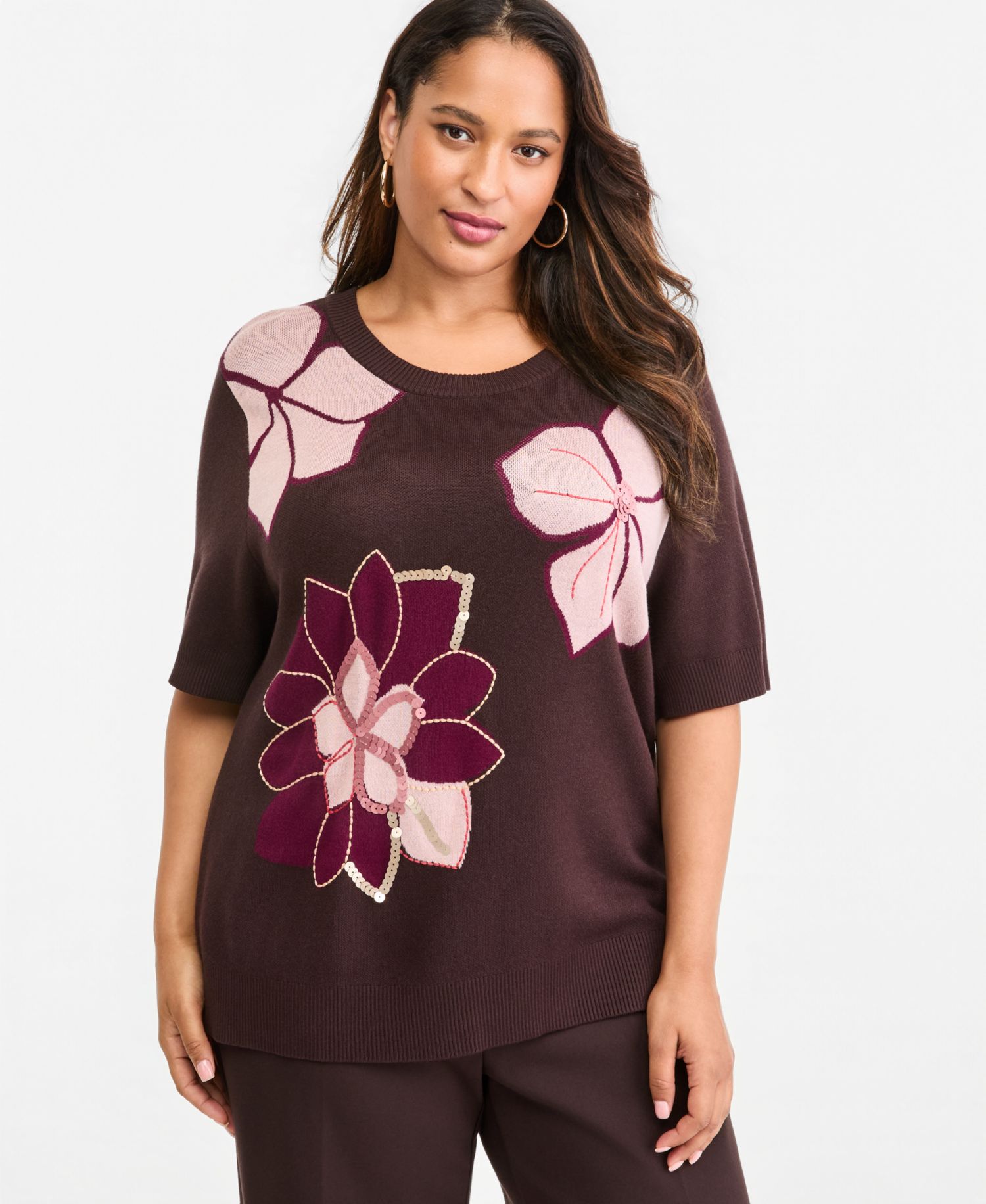 Plus Size Short-Sleeve Flower Sweater Floral Sequin Sweater