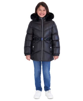 Girls' 5-16 MK Logo Belted Stadium Length Long-Sleeve Jacket