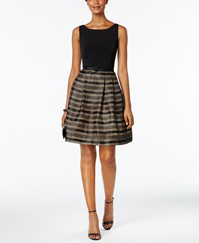 Jessica Howard Petite Illusion Striped Belted Fit & Flare Dress