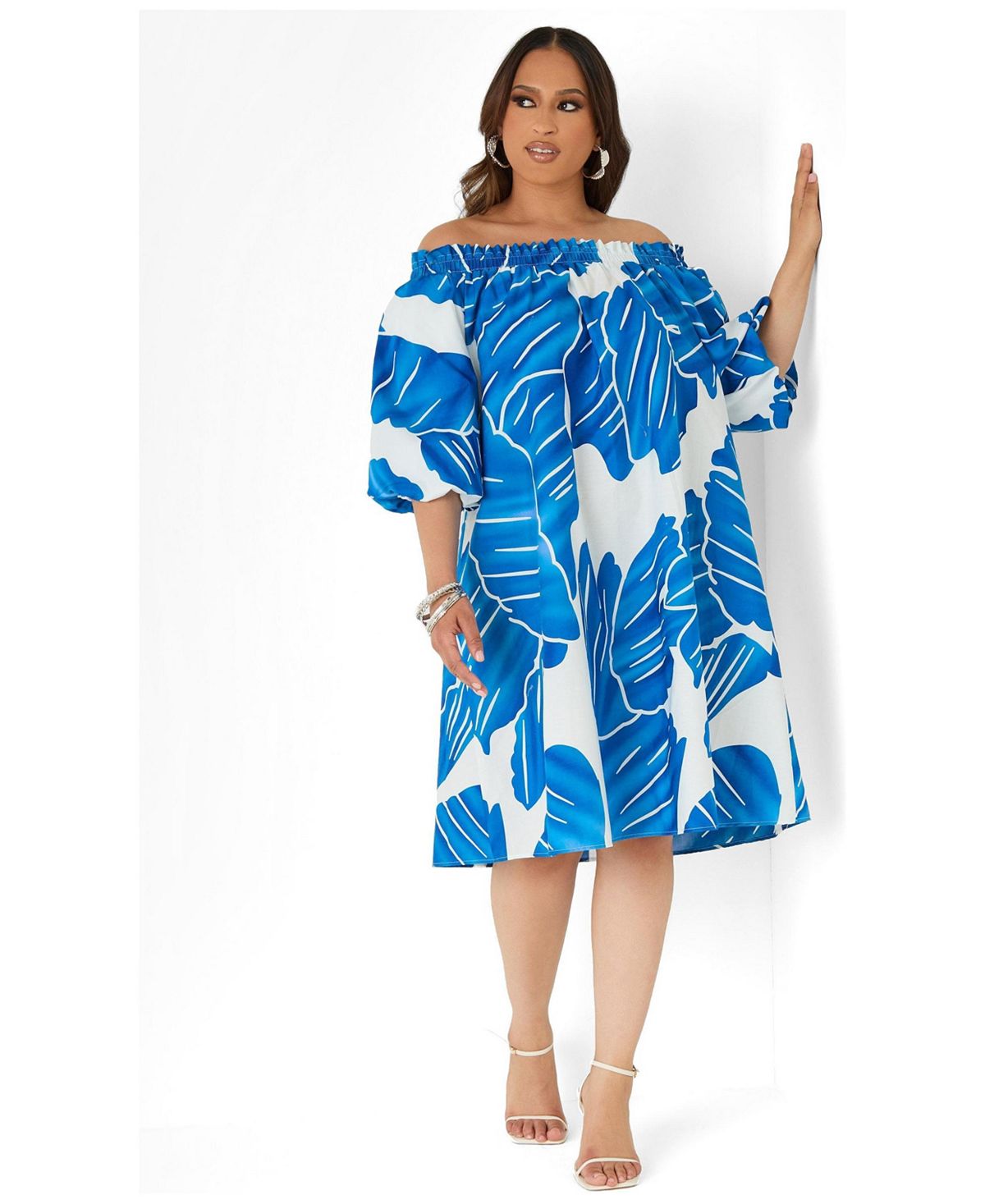 Ashley Stewart Women's Plus Size Off The Shoulder Leaf Print Dress view 3 — MAYCSS fashion products