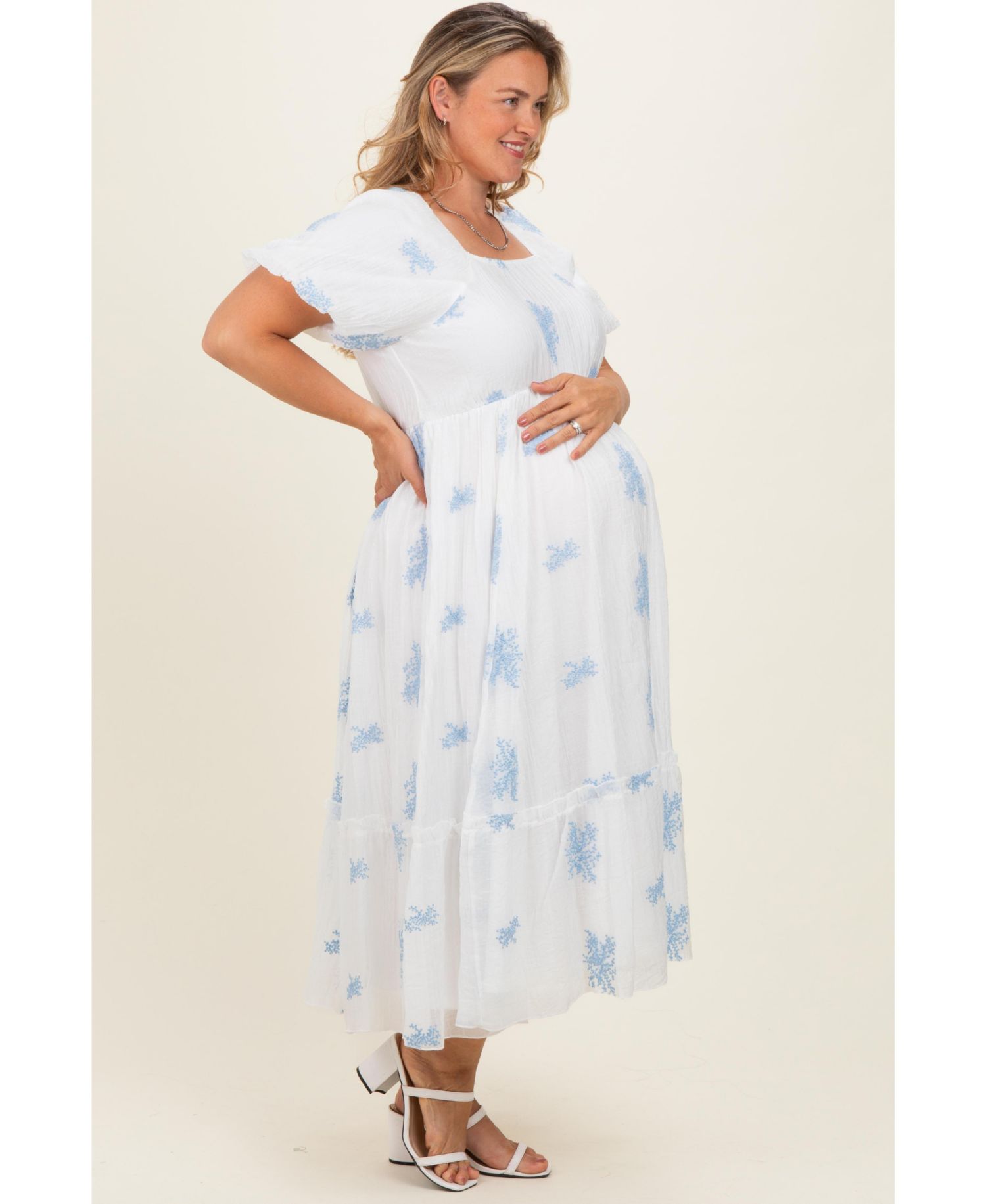 Plus Size Ivory Floral Print Ruffle Hem Midi Dress