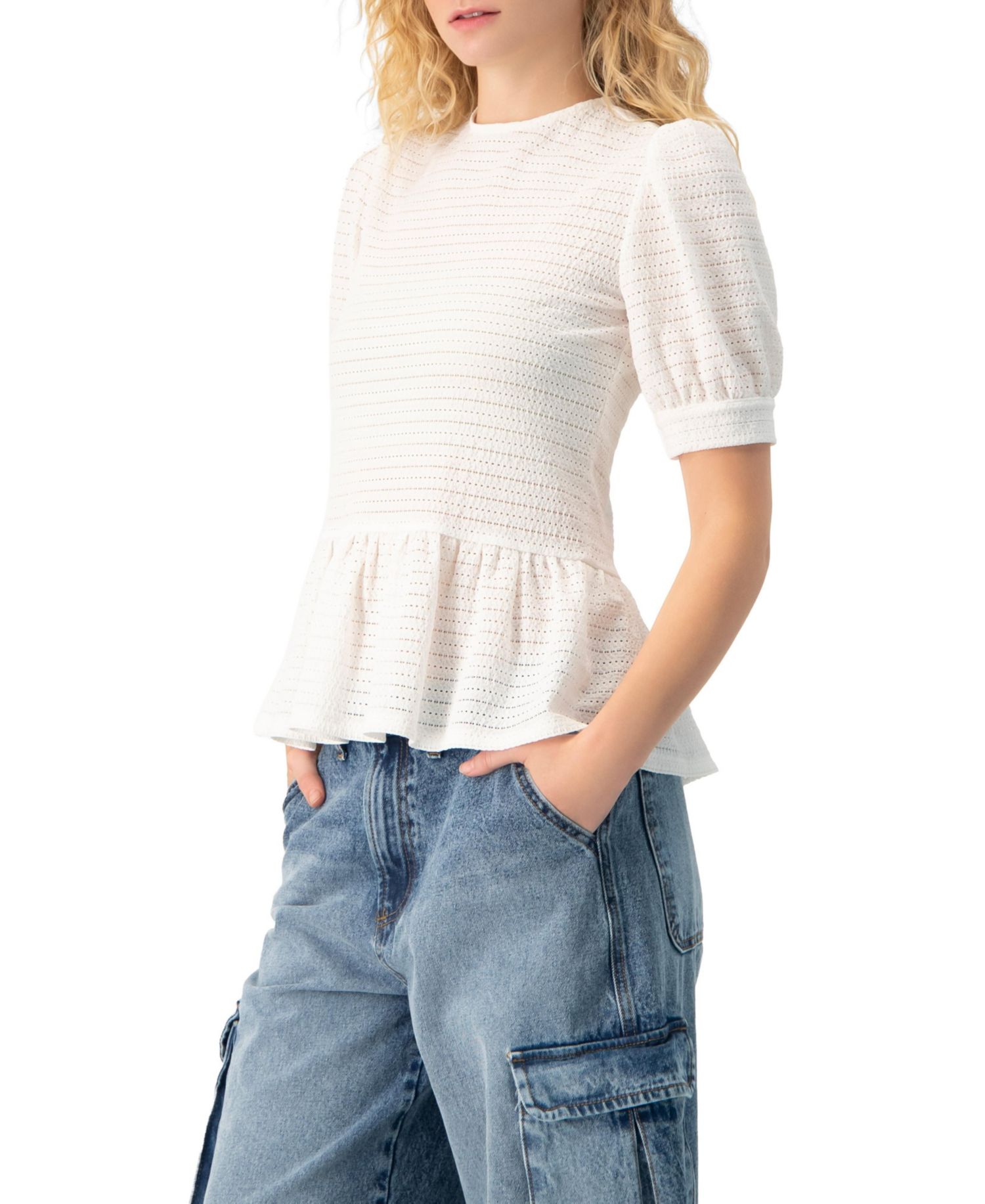 Women's Tonal Stripe Textured See-Through Peplum Short-Sleeve Blouse
