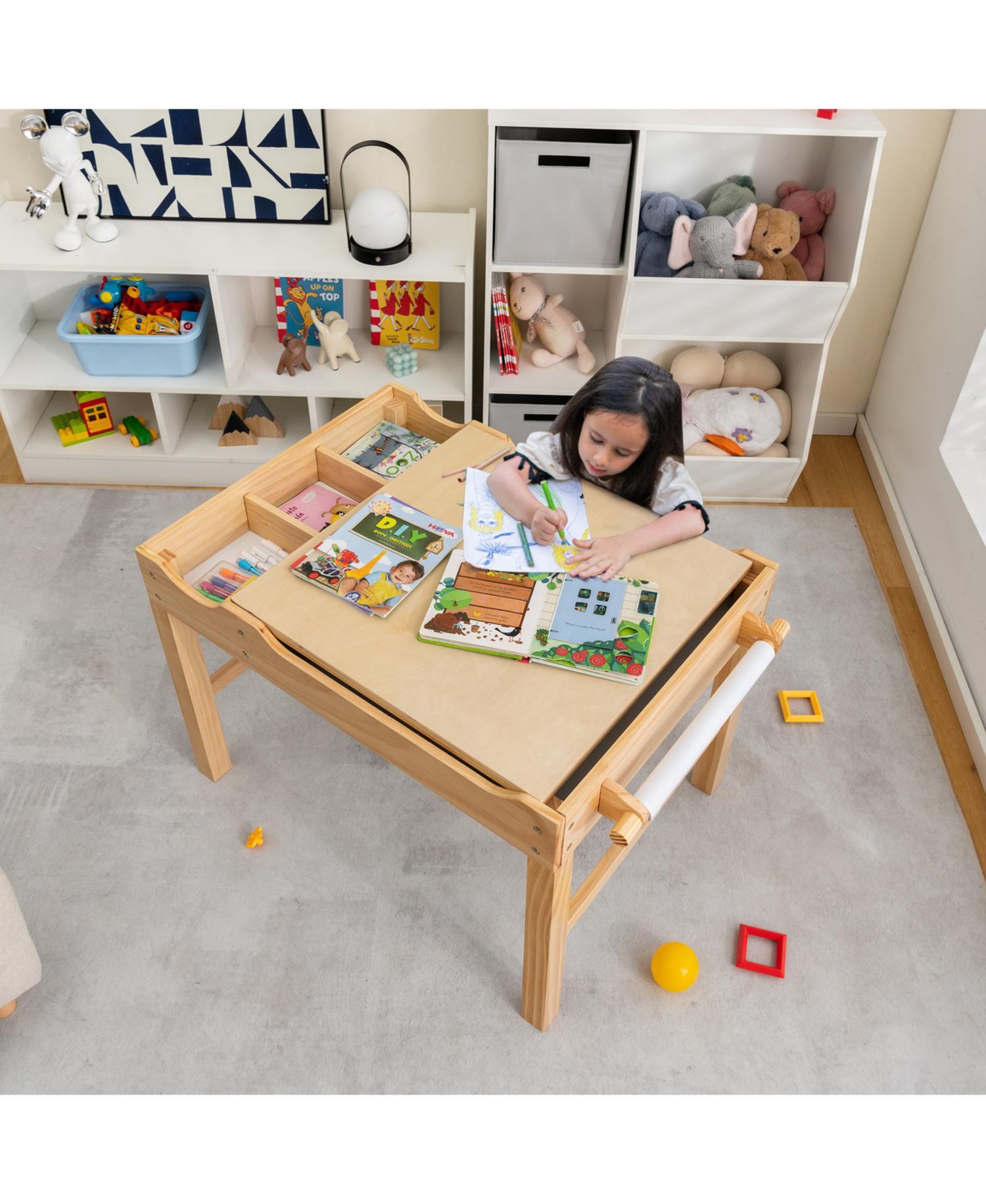 Wooden Building Block Activity Desk for Kids with Storage and Paper Roll