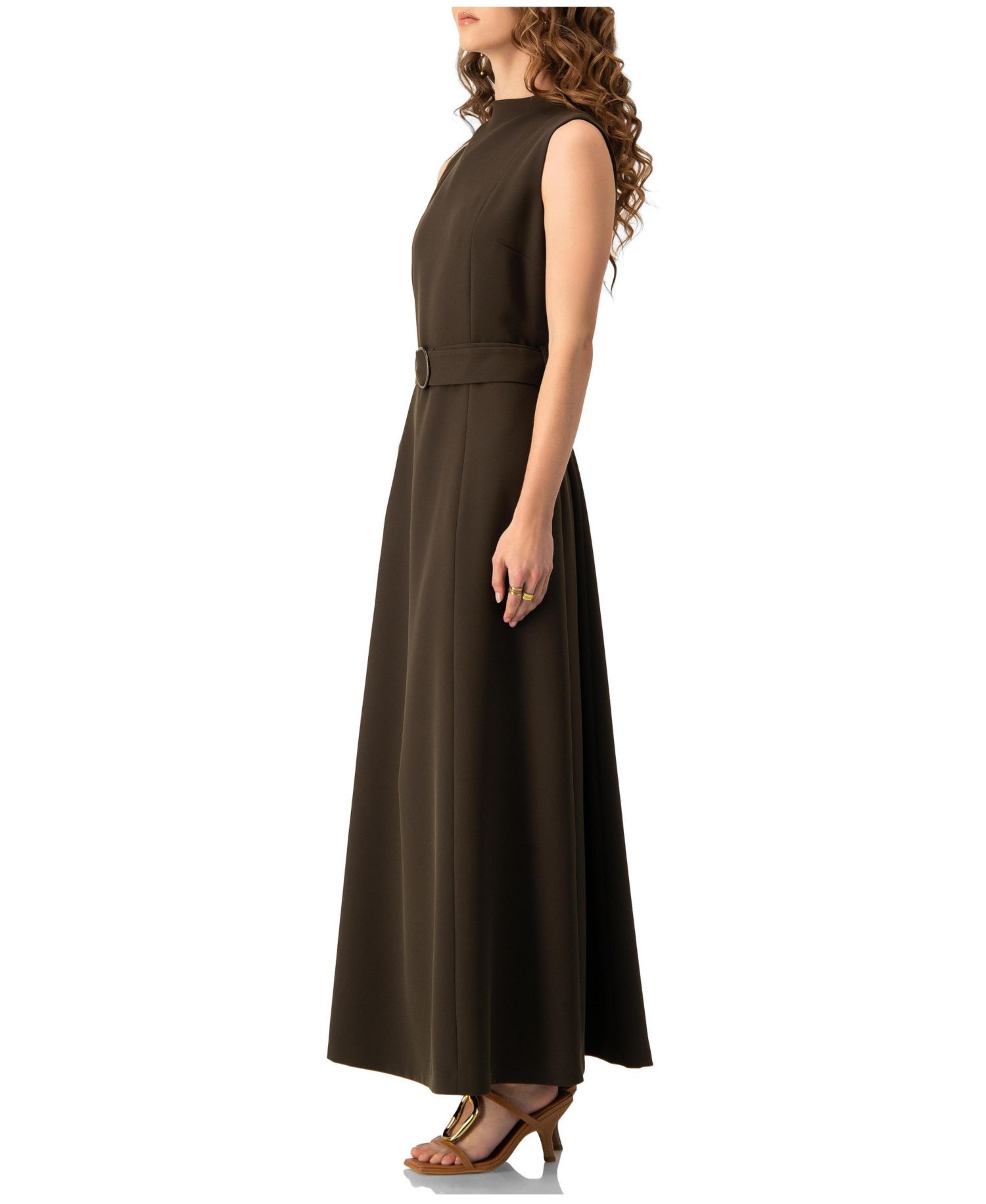 Women's Sleeveless Belted A-Line Maxi Dress with Ring Buckle