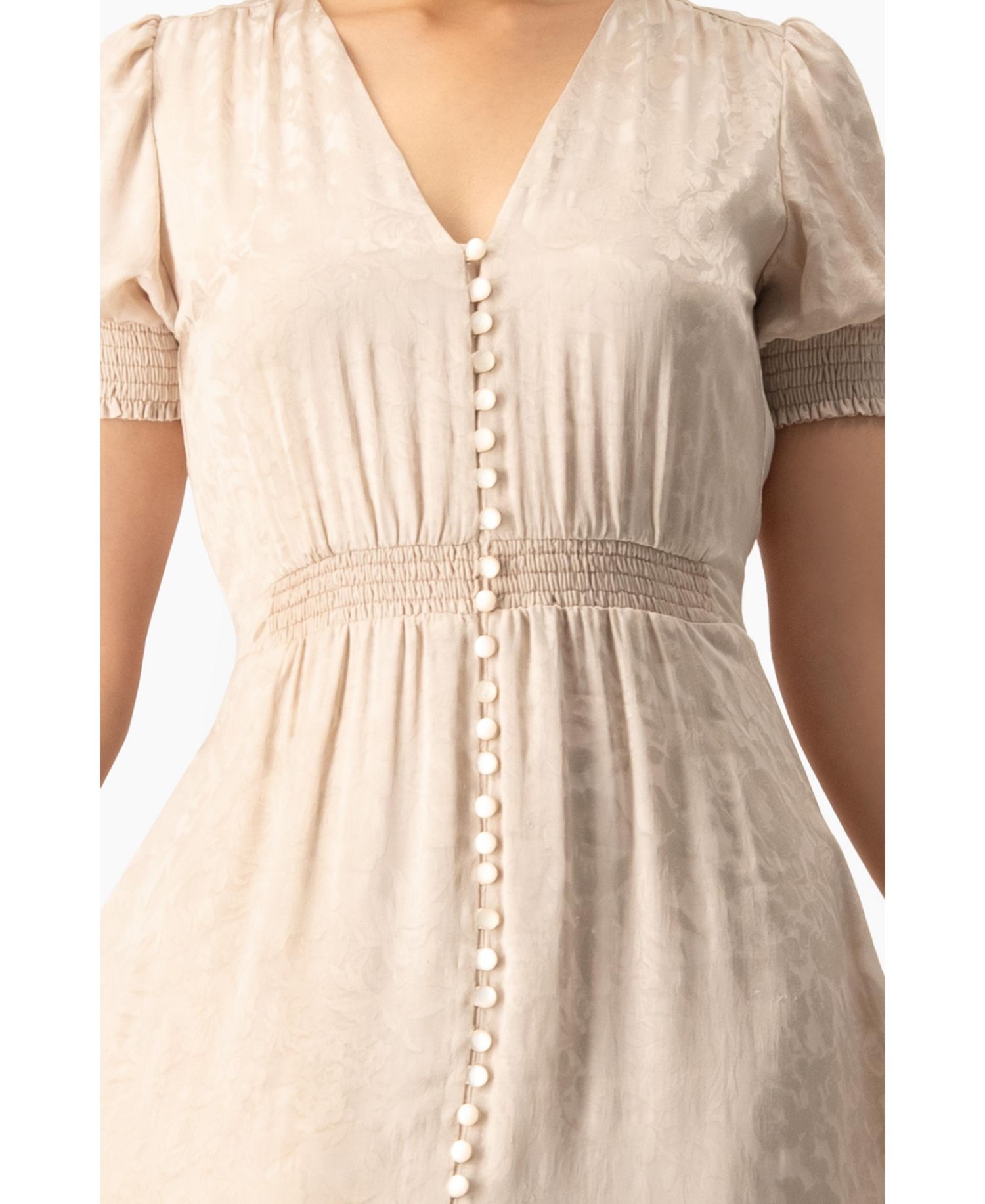 Women's Jacquard Satin Button-Front Maxi Dress with Puff Sleeve and Smocked Waist