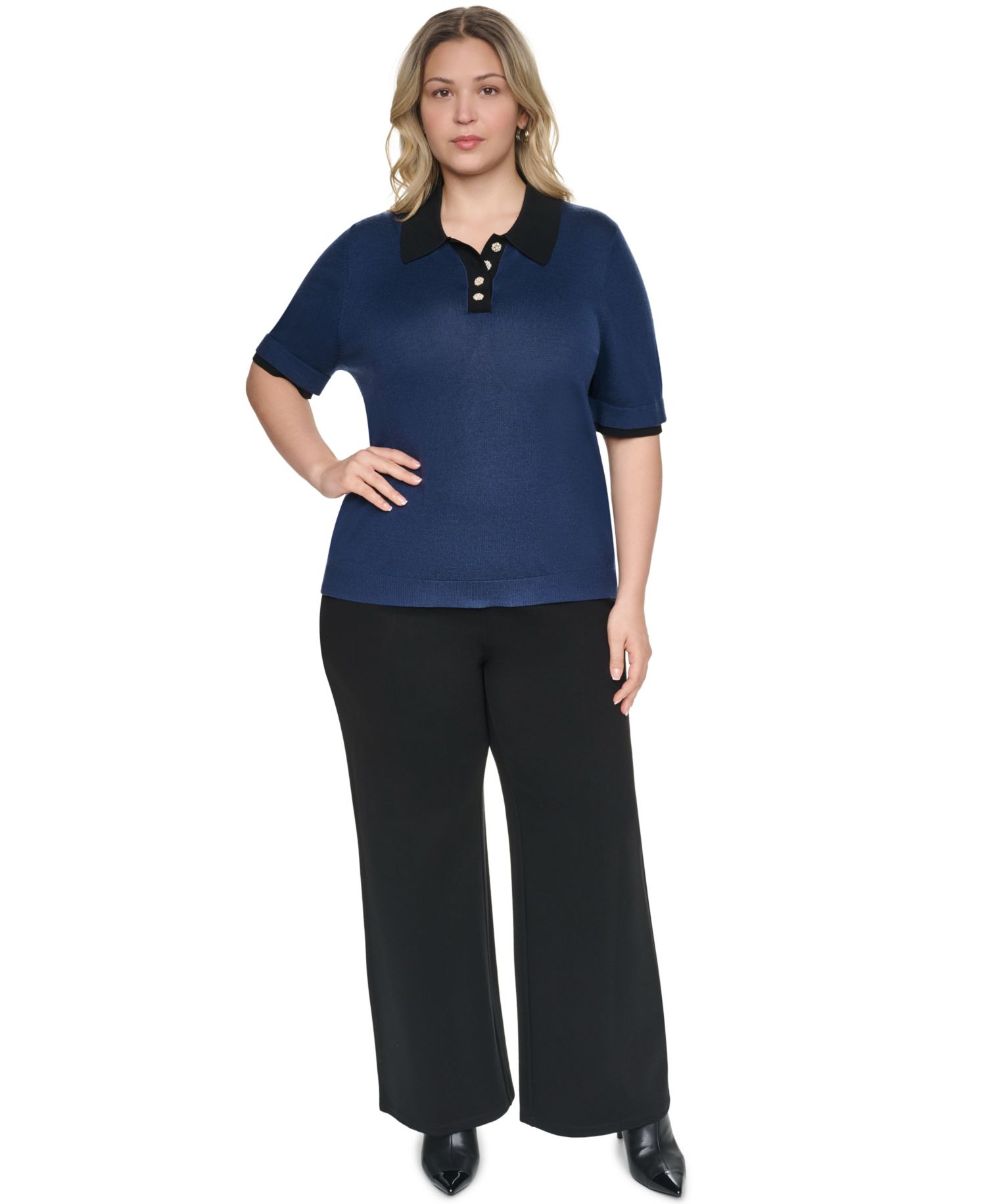 Plus Size Johnny Collar Short-Sleeve Sweater