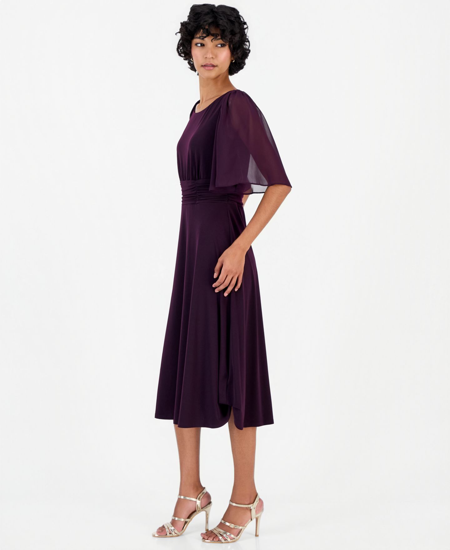 Женское платье Connected Petite Flutter-Sleeve Midi, цвет: Баклажановый — фото 2