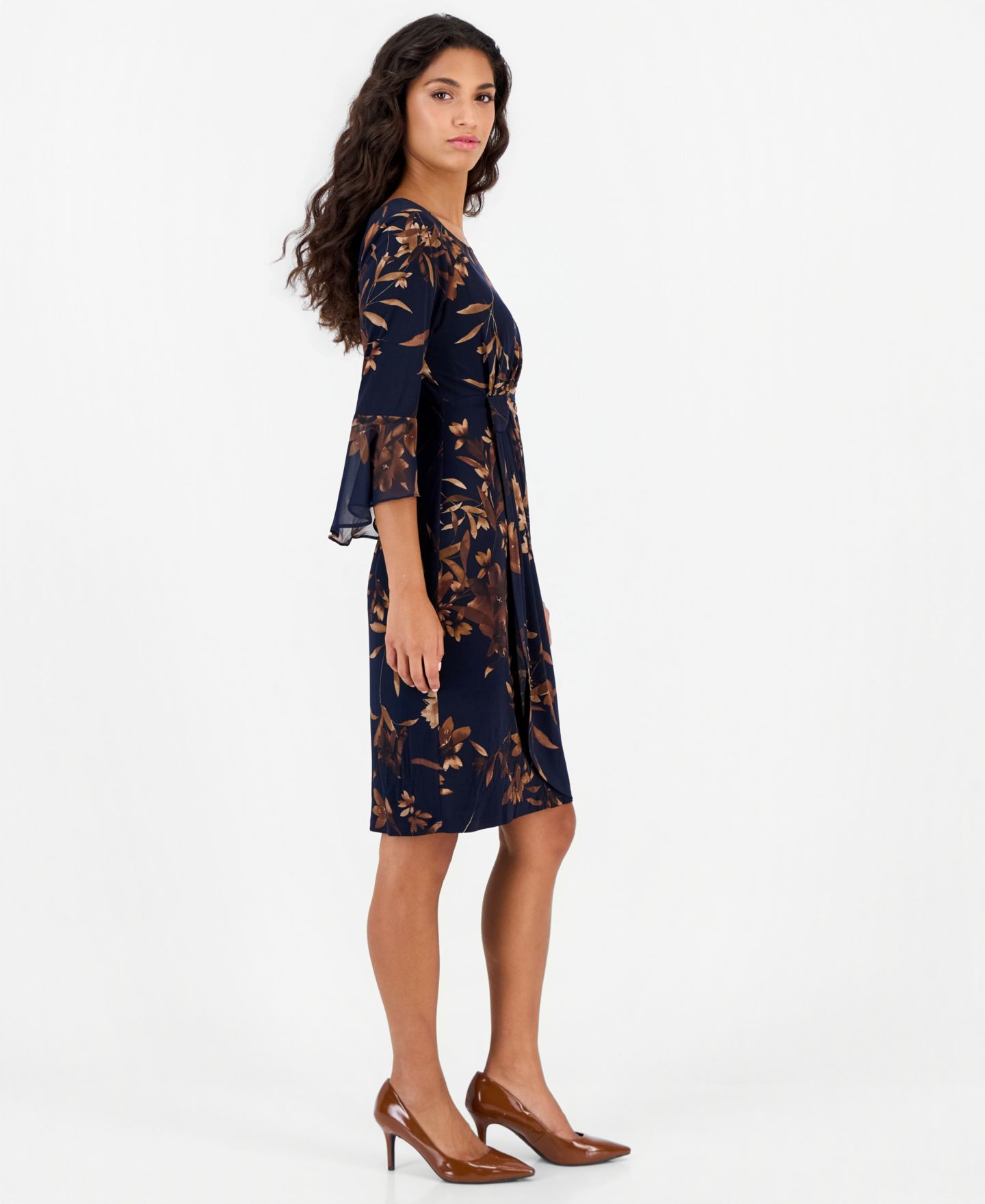 Женское платье Connected Petite Side Tab Floral 3/4-Sleeve Flounce-Cuff, цвет: Тёмно-синий — фото 5