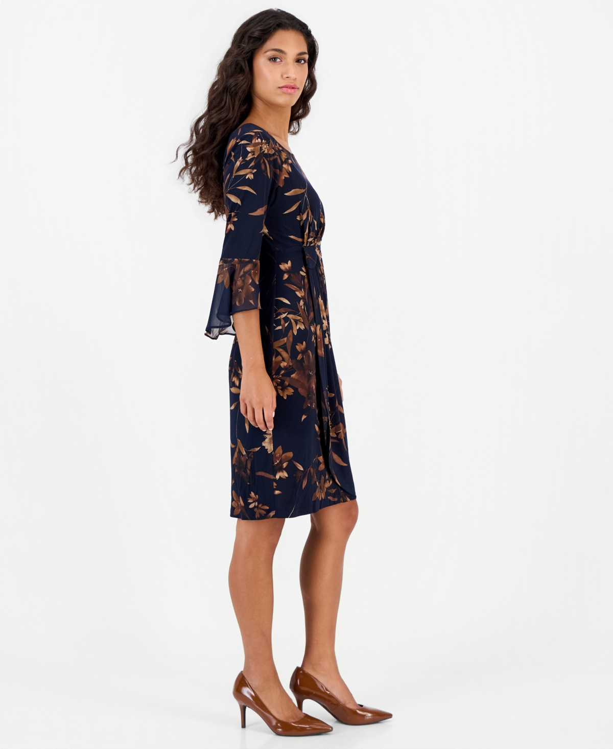 Connected Petite Side Tab Floral 3/4-Sleeve Flounce-Cuff Dress