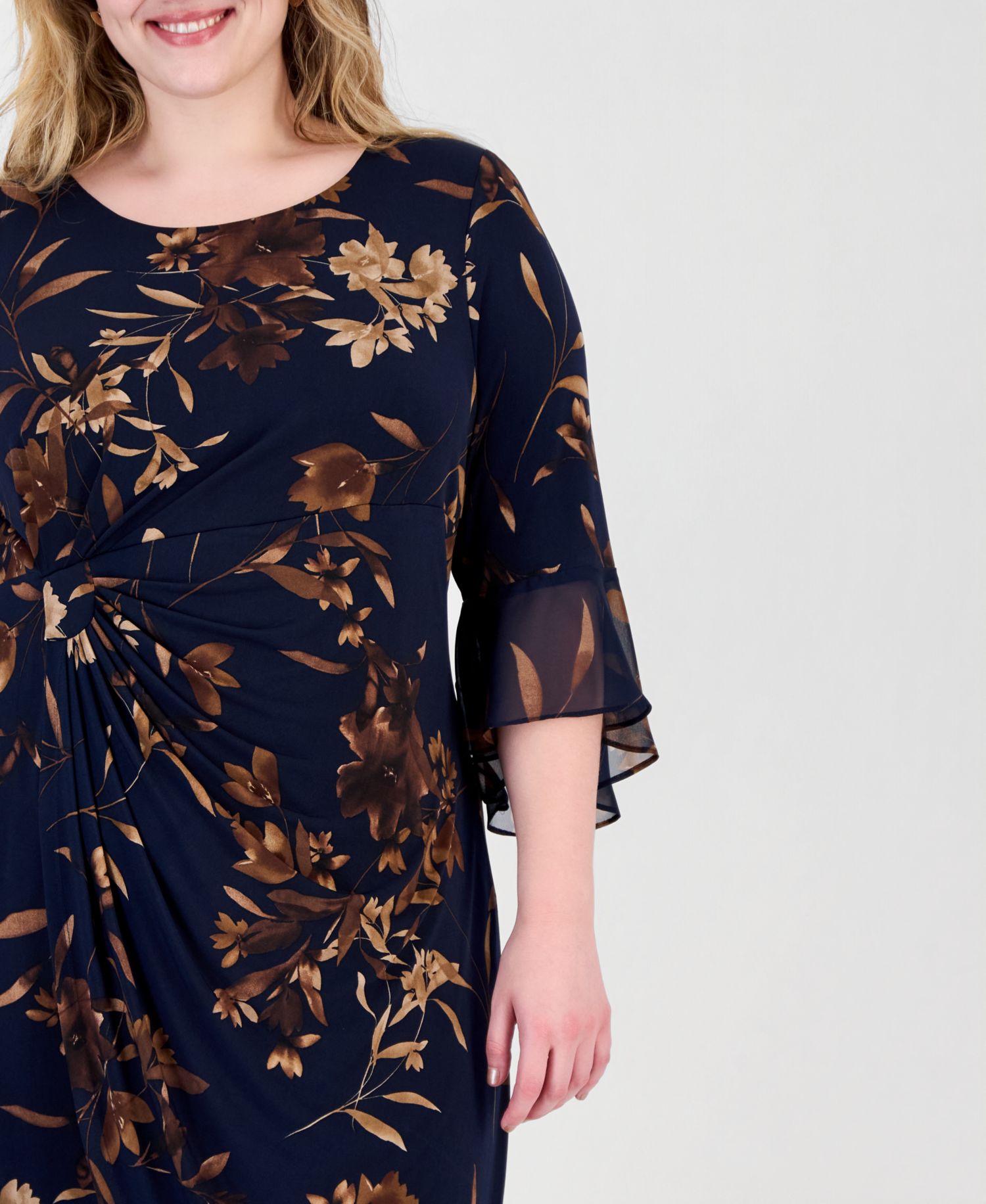 Petite Side Tab Floral 3/4-Sleeve Flounce-Cuff Dress