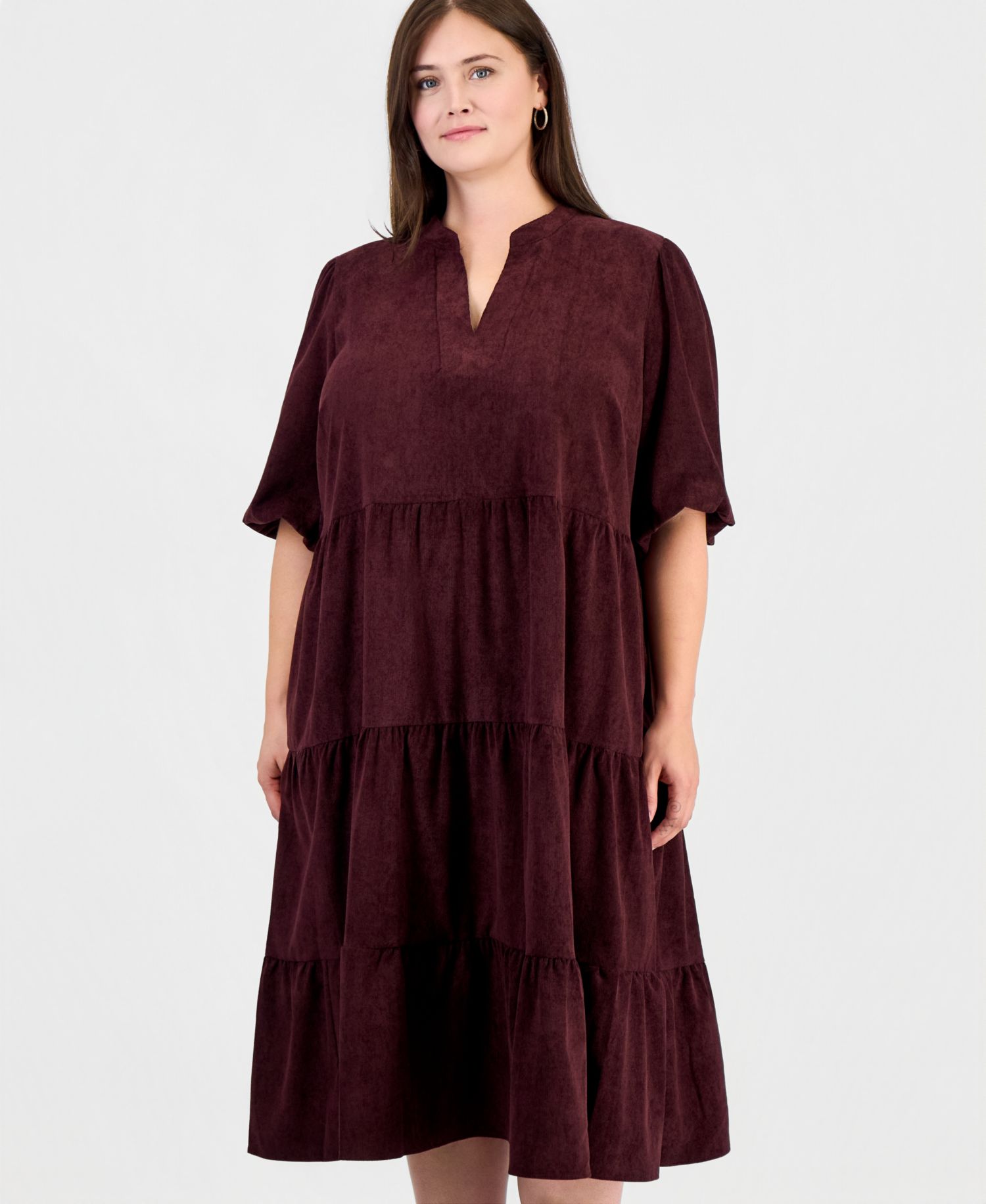 Plus Size Corduroy Puff-Sleeve Tiered Dress