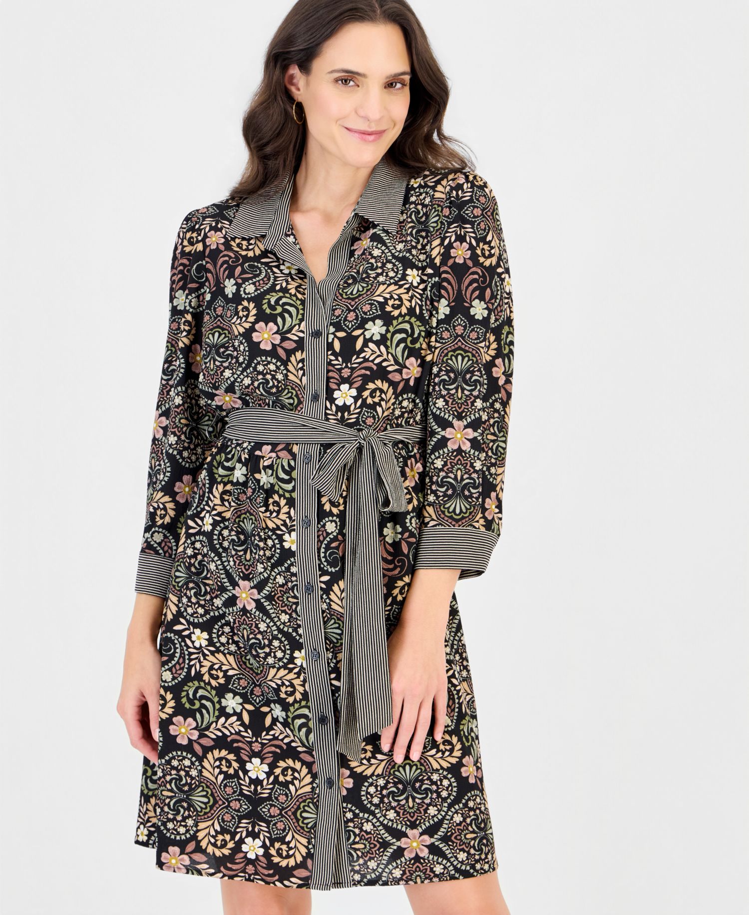 Petite Twin Print Belted Shirtdress