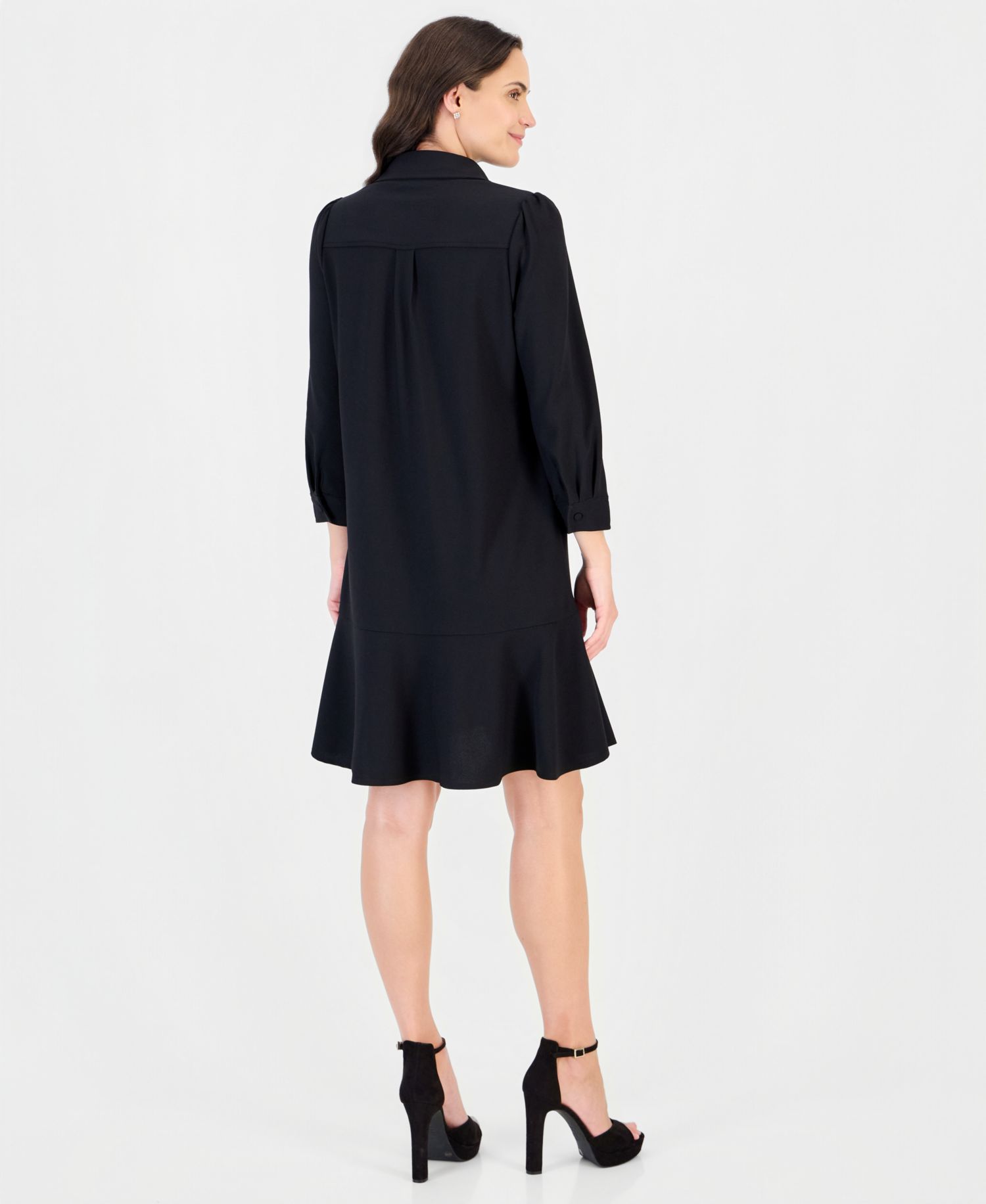 Petite Collared 3/4-Sleeve Flared-Hem Dress