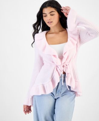 Juniors' Tie Front Ruffle Cardigan