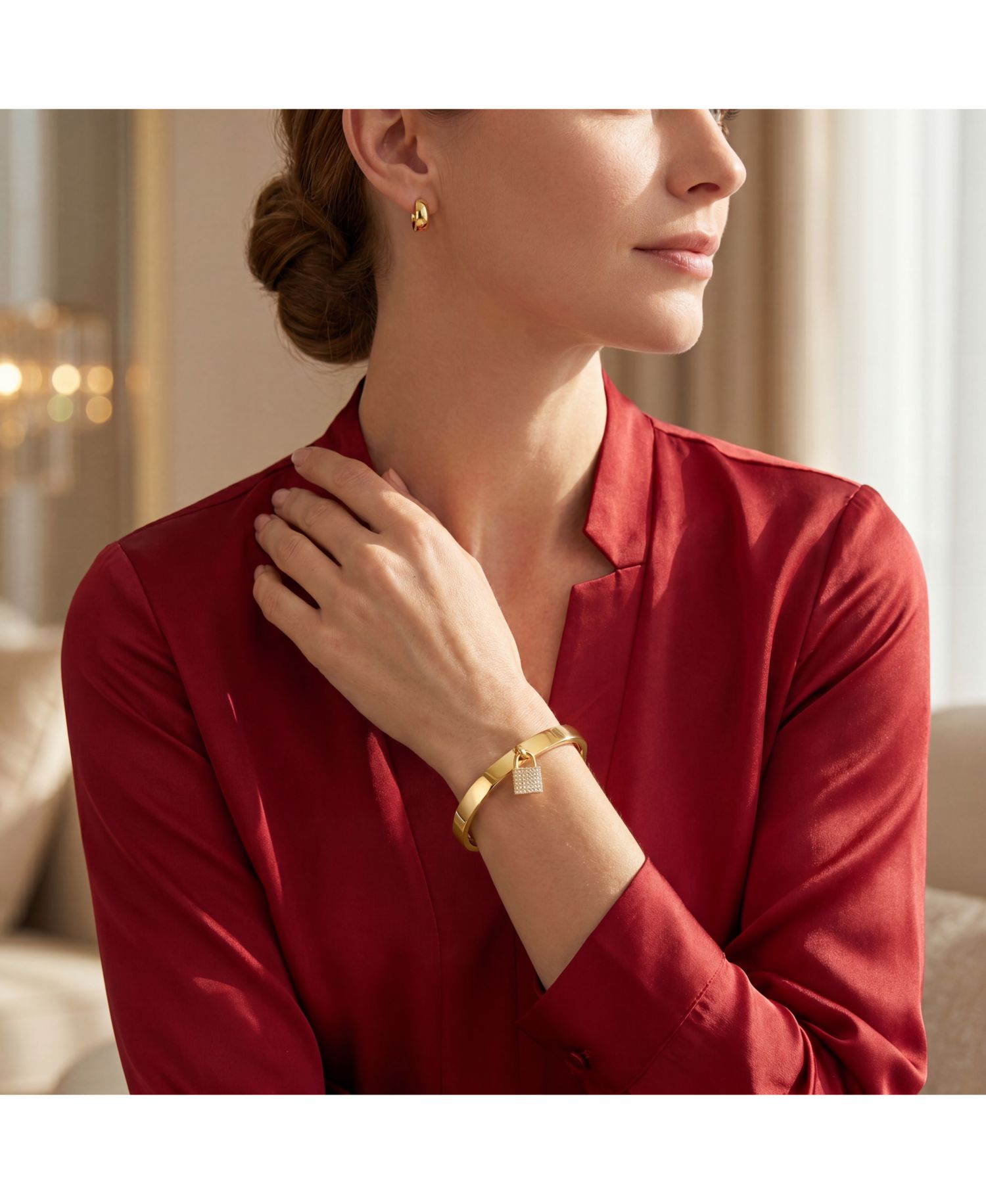 14k Yellow Gold Plated with Cubic Zirconia Padlock Charm Stacking Bangle Bracelet