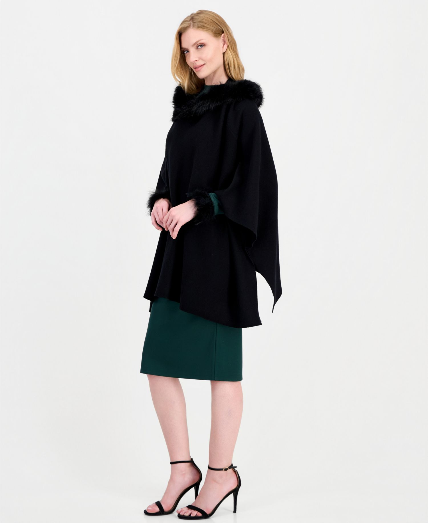 Women's Hooded Faux-Fur Trim Cape