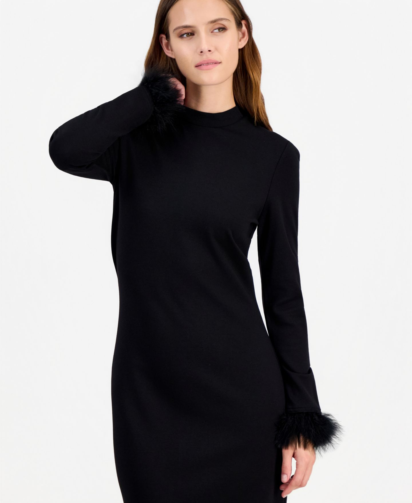 Женское платье Anne Klein Feather Trim Sheath Long-Sleeve Mock-Neck Midi, цвет: Чёрный — фото 4