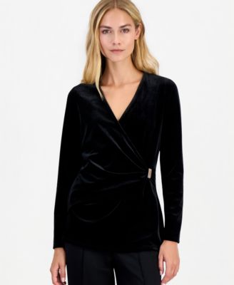 Women's Long-Sleeve Wrap Velvet Blouse