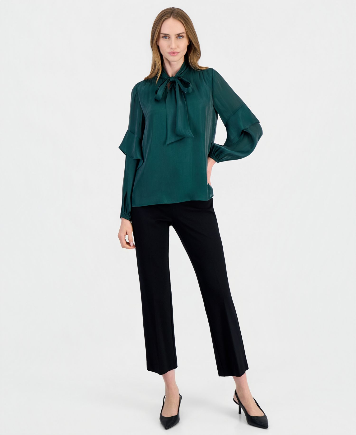 Women's Bow Tie Long-Sleeve Ruffle Blouse