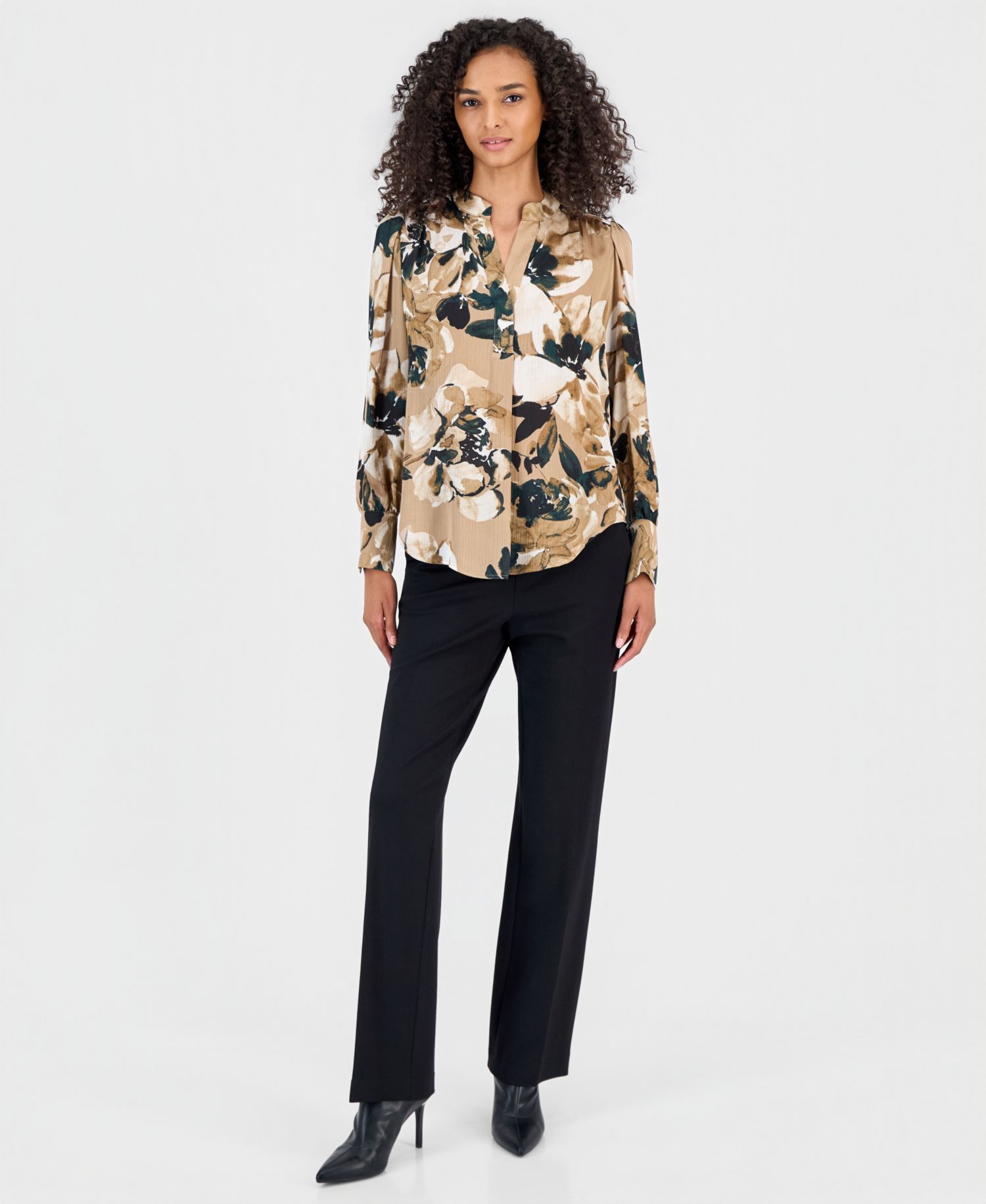 Women's Floral-Print Satin Pleat-Front Blouse
