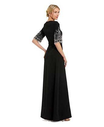 macys evening dresses Mac Duggal Women's Beaded Long Sleeve Gown Column silhouette Women's Black Formal & Tie