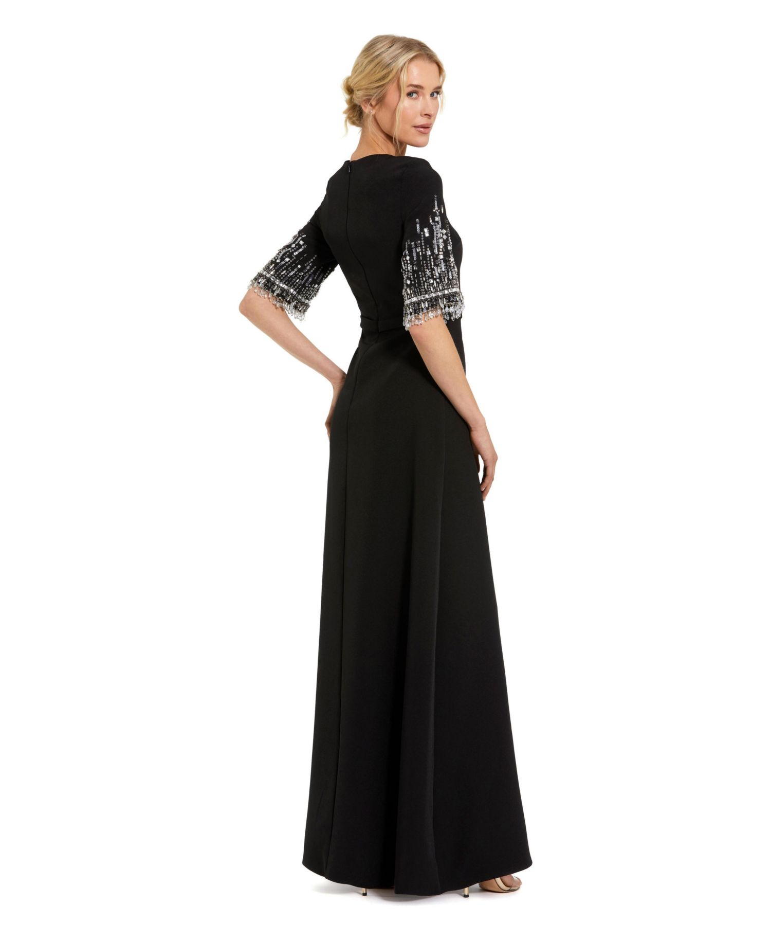 Petite Crepe A Line Gown With Beaded 3/4 Sleeves