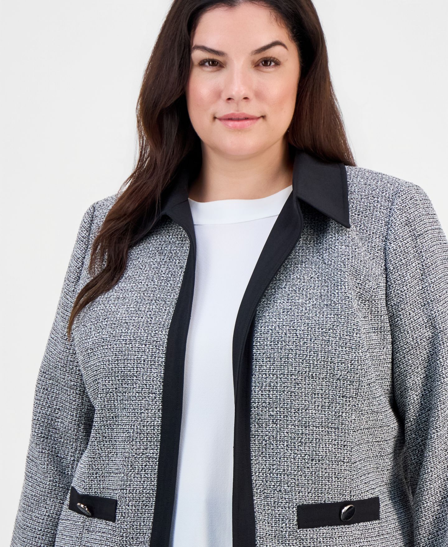 Женский пиджак Kasper Plus Size Tweed Open-Front Blazer, цвет: Чёрный / Ванильный ледяной — фото 3