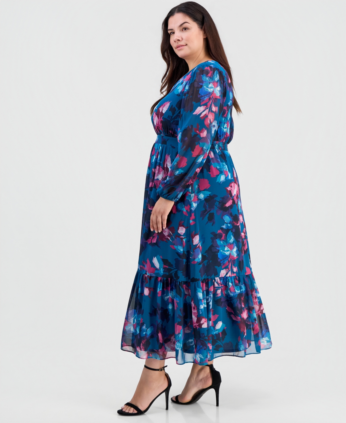 Kasper Plus Smocked-Back Balloon-Sleeve Dress