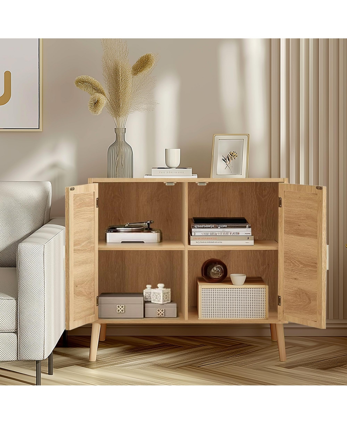 Flynama Farmhouse Buffet Cabinet with Rattan Doors Solid Wood Feet 4 Compartment Storage Cabinet