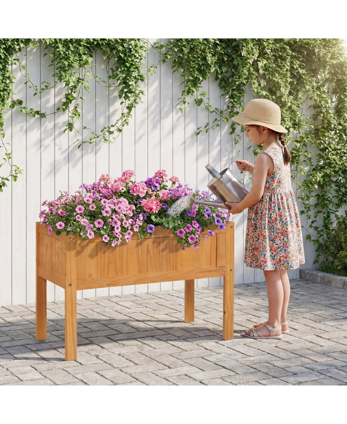 Costway Wooden Raised Garden Bed Elevated Planter Box with Bed Liner and Drainage Holes