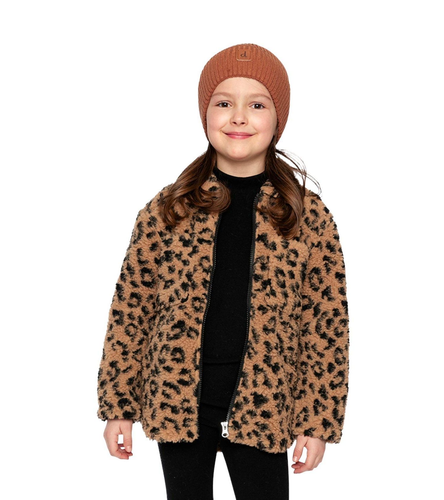Big Girls Zipped Sherpa Overshirt with Chest Pockets Leopard Fur