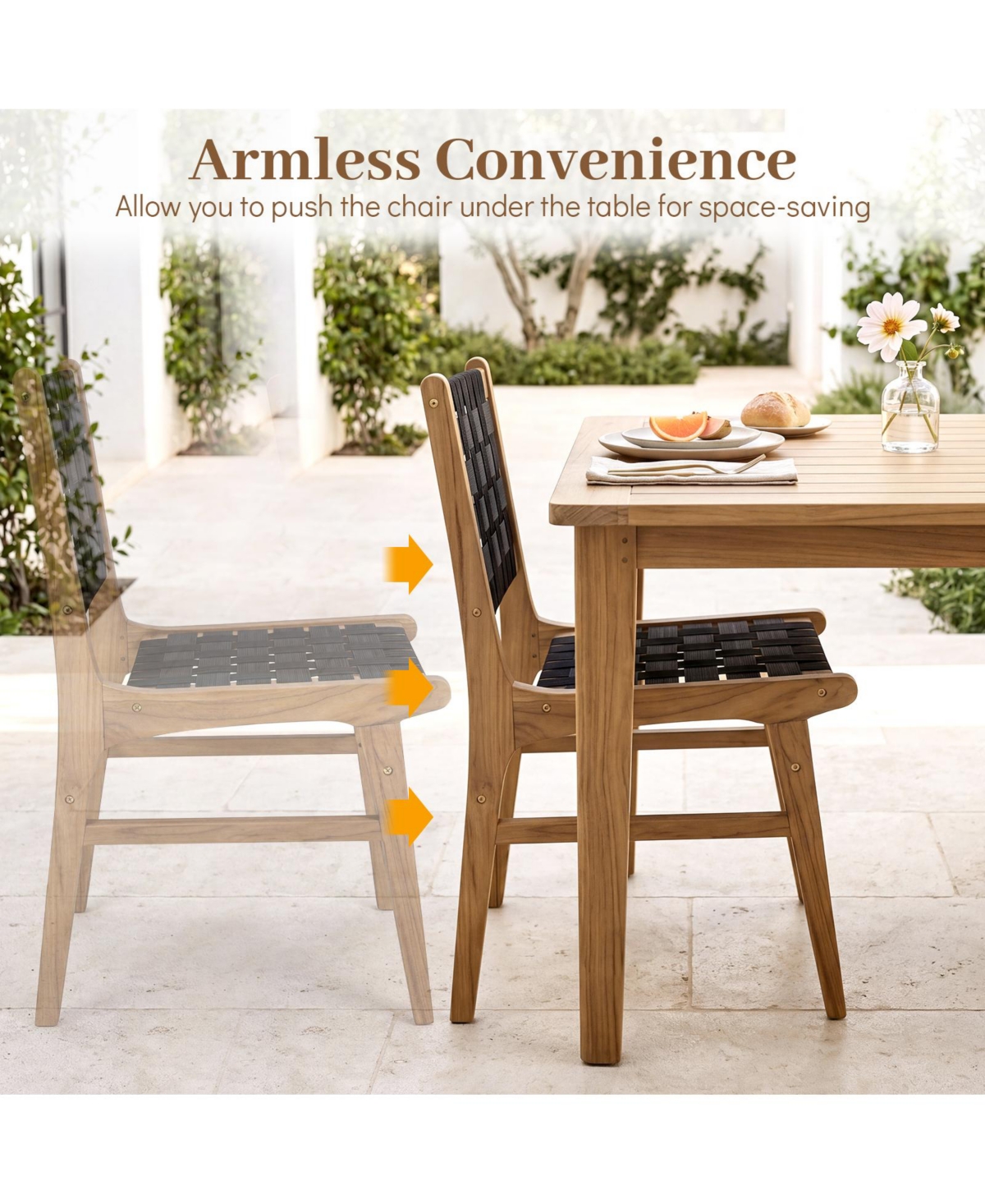 Gymax 2 Pieces Solid Teak Hand-Woven Strap Outdoor Dining Chairs with Flex Support for Garden