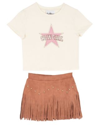 Girls' 2T-6X Cowgirl Graphic Knit T-Shirt and Fringe Stud Skirt, 2-Piece Set