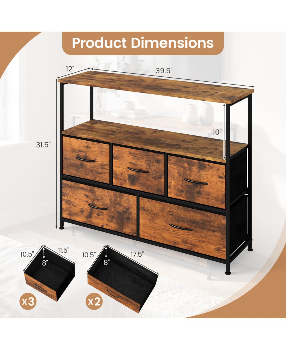 Slickblue Modern Tv Stand Dresser with 5 Fabric Drawer Storage