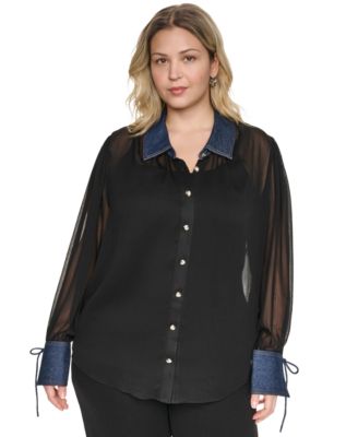 Plus Size Mixed Media Collared Button-Front Top