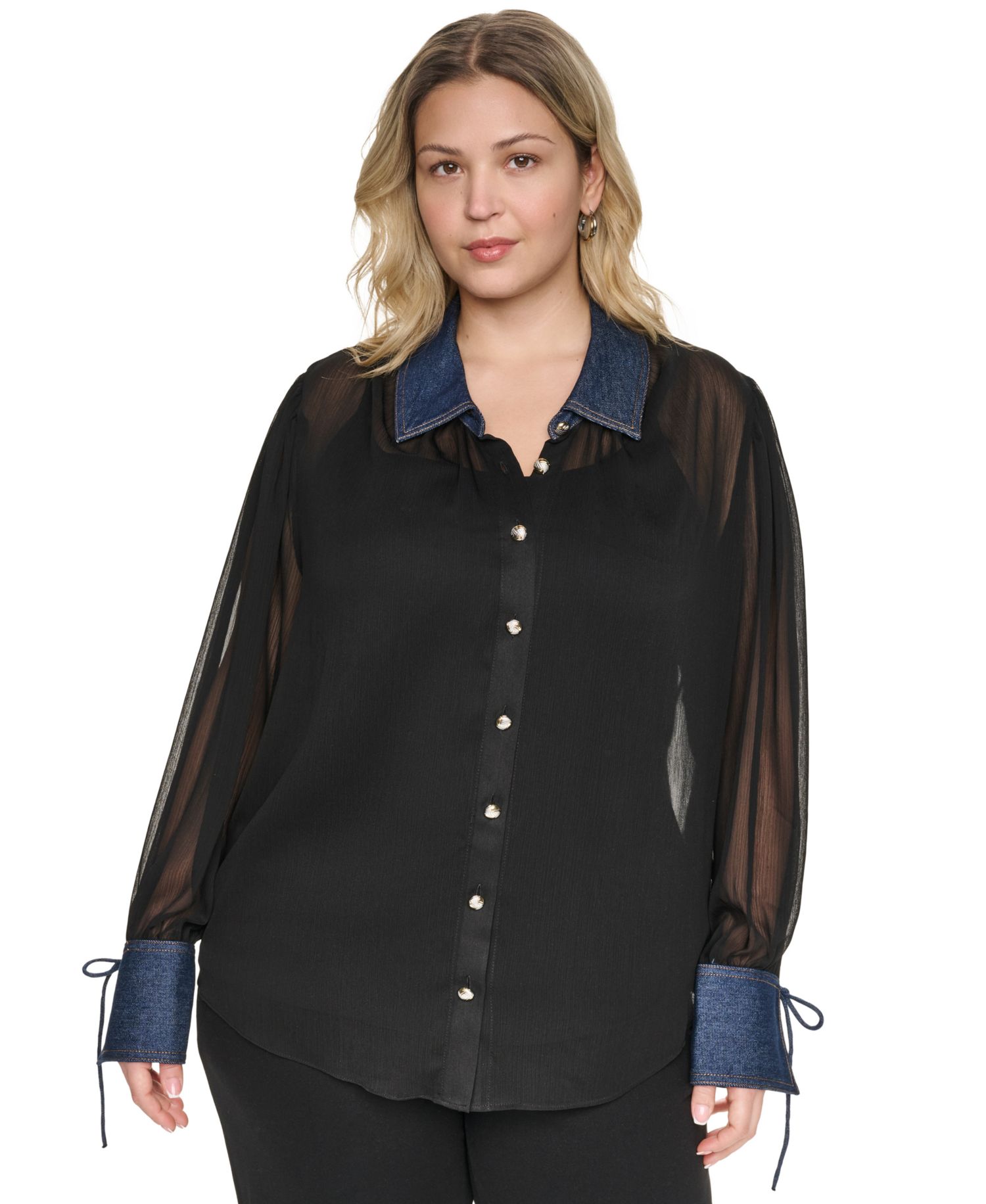 Plus Size Mixed Media Collared Button-Front Top